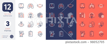 Set of Mint leaves, Medical mask and Coronavirus pills line icons. Include Lungs, Coronavirus, Vision board icons. Dont touch, Eye laser, Blood and saliva test web elements. Checklist. Vector 98052705