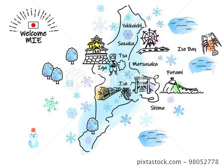 Simple line drawing illustration map of sightseeing spots in Mie Prefecture in winter Simple line drawing illustration map of sightseeing spots in Mie Prefecture in winter 98052778