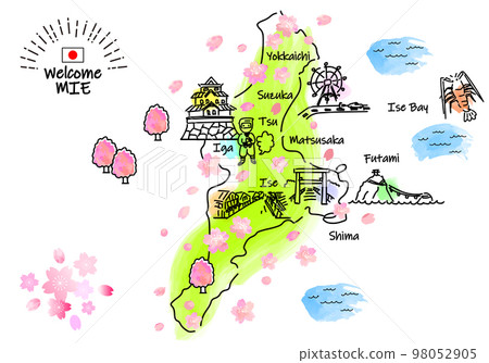 Simple line drawing illustration map of tourist spots in Mie Prefecture in spring 98052905