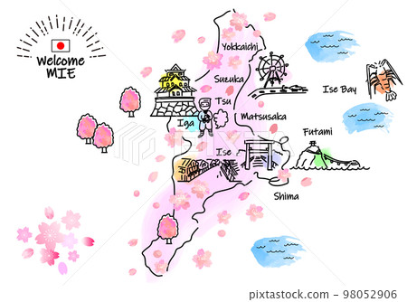 三重縣春季旅遊景點簡筆劃插畫圖（粉色） 98052906