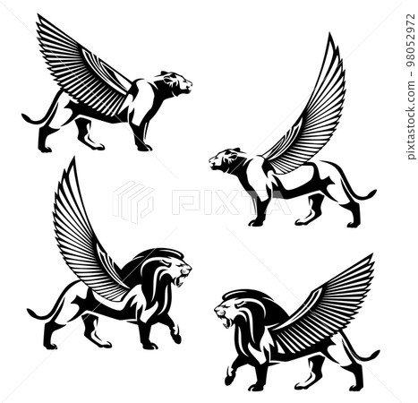 egyptian winged lioness and lion side view black and white vector outline set 98052972