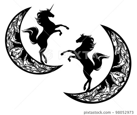 mustang horse and fairy tale unicorn at moon crescent black and white vector silhouette 98052973