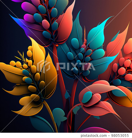 Original floral design with exotic flowers and tropic leaves. Colorful flowers on dark background. Original floral design with exotic flowers and tropic leaves. Colorful flowers on dark background. 98053055