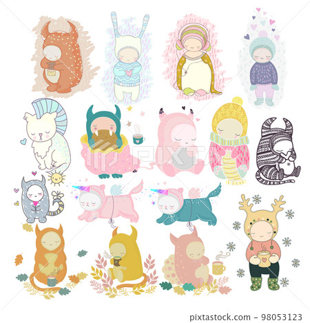 Cute cartoon characters set - cats, monsters, children 98053123