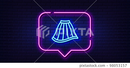 Neon light speech bubble. Skirt line icon. Clothing gown sign. Women fashion outfit symbol. Neon light background. Skirt glow line. Brick wall banner. Vector 98053157