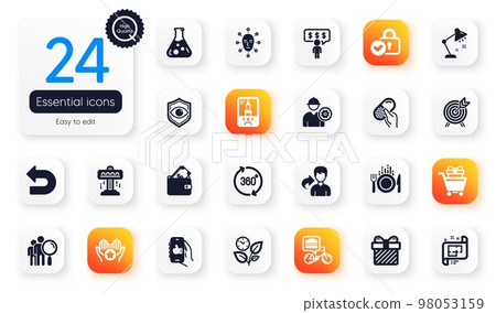 Set of Business flat icons. Leaves, Table lamp and Search people elements for web application. 360 degrees, Architectural plan, Face biometrics icons. Wallet, Crane claw machine. Vector 98053159