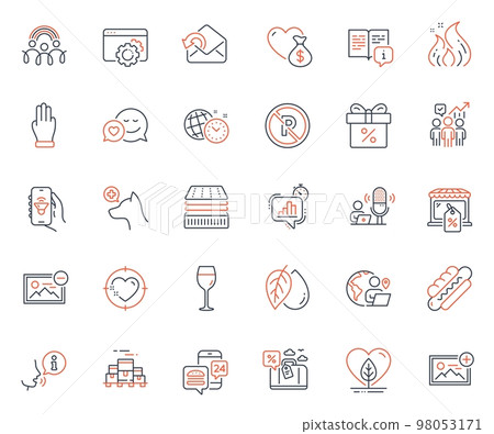 Business icons set. Included icon as Food app, Hotdog and Travel loan web elements. Wine glass, Fire energy, Donation icons. Add photo, Mineral oil, Discount offer web signs. Dating. Vector Business icons set. Included icon as Food app, Hotdog and Travel loan web elements. Wine glass, Fire energy, Donation icons. Add photo, Mineral oil, Discount offer web signs. Dating. Vector 98053171