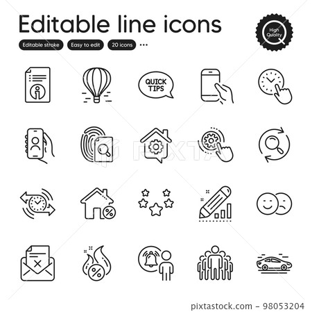 Set of Technology outline icons. Contains icons as Like, Air balloon and Time management elements. User notification, Hot loan, Quickstart guide web signs. Loan house, Stars, Search elements. Vector 98053204