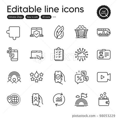 Set of Business outline icons. Contains icons as Update data, Video camera and Communication elements. Inclusion, Wallet money, Checklist web signs. Identification card, Coal trolley. Vector 98053229
