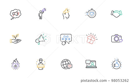 Brand ambassador line icons. Influence people, Megaphone and Representative. Handshake, influencer marketing person, ambassador person icons. Linear set. Bicolor outline web elements. Vector Brand ambassador line icons. Influence people, Megaphone and Representative. Handshake, influencer marketing person, ambassador person icons. Linear set. Bicolor outline web elements. Vector 98053262
