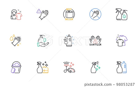 Cleaning liquids, Clean hands and Dont touch line icons for website, printing. Collection of Use gloves, Clean shirt, Toilet paper icons. Sponge, Cleanser spray, Washing hands web elements. Vector Cleaning liquids, Clean hands and Dont touch line icons for website, printing. Collection of Use gloves, Clean shirt, Toilet paper icons. Sponge, Cleanser spray, Washing hands web elements. Vector 98053287