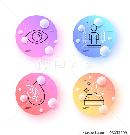 Mattress, Organic product and Coronavirus injections minimal line icons. 3d spheres or balls buttons. Health eye icons. For web, application, printing. Night bed, Leaf, People vaccination. Vector 98053309