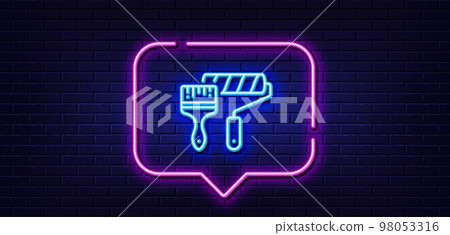 Neon light speech bubble. Paint roller line icon. Wall roll brush sign. Painter tool symbol. Neon light background. Paint roller glow line. Brick wall banner. Vector Neon light speech bubble. Paint roller line icon. Wall roll brush sign. Painter tool symbol. Neon light background. Paint roller glow line. Brick wall banner. Vector 98053316