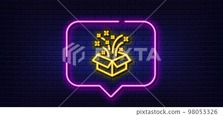Neon light speech bubble. Gift box open line icon. Christmas or New year presents sign. Surprise symbol. Neon light background. Gift glow line. Brick wall banner. Vector 98053326