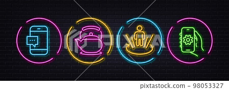 Smartphone message, Teapot and Augmented reality minimal line icons. Neon laser 3d lights. App settings icons. For web, application, printing. Cellphone chat, Tea kettle, Virtual reality. Vector Smartphone message, Teapot and Augmented reality minimal line icons. Neon laser 3d lights. App settings icons. For web, application, printing. Cellphone chat, Tea kettle, Virtual reality. Vector 98053327