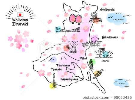 春季茨城縣旅遊景點的簡單線描插圖地圖（粉紅色） 98053486