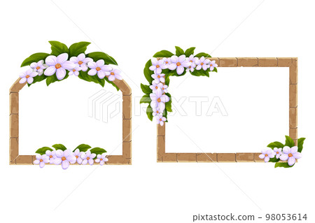 Stone Frame with floral elegant decoration, flowers and leaves in cartoon style, border isolated on white background. Stone Frame with floral elegant decoration, flowers and leaves in cartoon style, border isolated on white background. 98053614