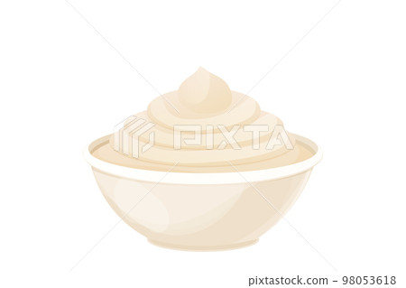 Mayonnaise sauce in dip bowl, cream, mousse in cartoon style isolated on white background Mayonnaise sauce in dip bowl, cream, mousse in cartoon style isolated on white background 98053618