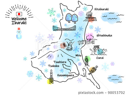 Simple line drawing illustration map of sightseeing spots in Ibaraki Prefecture in winter 98053702