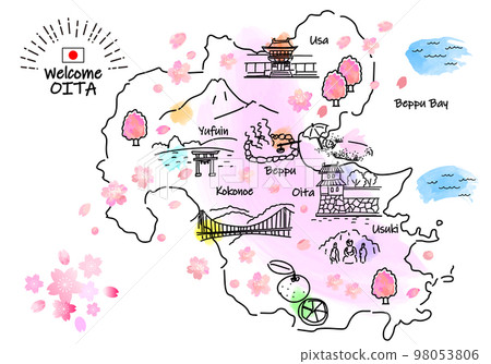 春季大分縣旅遊景點簡筆劃插圖圖(粉色) 春季大分縣旅遊景點簡筆劃插圖圖(粉色) 98053806