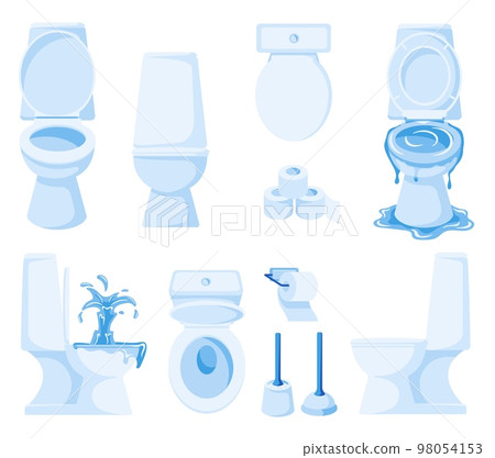 Cartoon white toilet. Ceramic lavatory pan in different angles, toilet paper and brush. WC vector illustration set 98054153