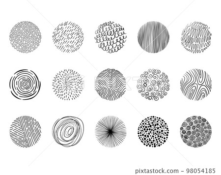Abstract hand drawn scribble shapes. Minimalist circle background with doodle pattern, spiral hatching lines and curl curves vector set 98054185