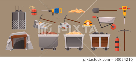 Cartoon mining elements. Mine cave entrance, mining elevator and tools. Wagons with gold and coal vector illustration set 98054210