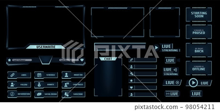Night mode stream overlay. Dark theme gaming video template with game screen, live chat and webcam frames. Panels buttons and donation bar vector set Night mode stream overlay. Dark theme gaming video template with game screen, live chat and webcam frames. Panels buttons and donation bar vector set 98054211