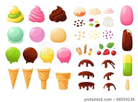 Create your own ice cream. Sundae constructor with different flavours, waffle cone, chocolate topping, sprinkles and berries vector set 98054236