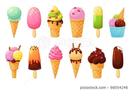Cartoon ice cream. Tasty fruit ice, sweet summer sundaes in cone and cold delicious gelato vector illustration set 98054246