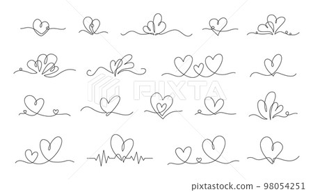 One continuous line heart. Hand drawn connected couple hearts, minimalist love flourish and romantic decoration vector set One continuous line heart. Hand drawn connected couple hearts, minimalist love flourish and romantic decoration vector set 98054251