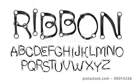 Black ribbon through eyelets font. Metal eyelet and stripe lettering style, realistic 3D alphabet letters for slogan design vector set Black ribbon through eyelets font. Metal eyelet and stripe lettering style, realistic 3D alphabet letters for slogan design vector set 98054288