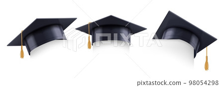 Graduation cap corner. Graduate student hat border template for education banner design realistic vector 3D illustration set Graduation cap corner. Graduate student hat border template for education banner design realistic vector 3D illustration set 98054298