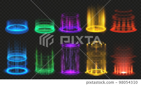 Magic portals. Aura glow effect, vertical teleport portal beam and futuristic light vector illustration set 98054310