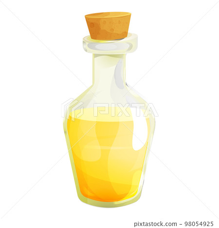 Vinegar in glass bottle with cork in cartoon style isolated on white background. Apple, wine liquid, dressing. 98054925