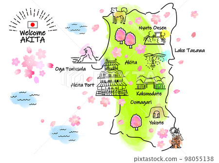 Simple line drawing illustration map of tourist spots in Akita Prefecture in spring 98055138