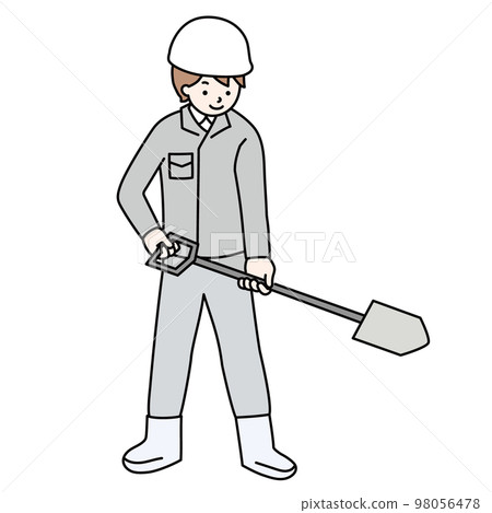 A worker wearing a jumpsuit working with a shovel A worker wearing a jumpsuit working with a shovel 98056478