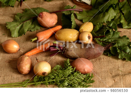 Ripe vegetables, potatoes, carrots with tops, onions, beets. 98056530