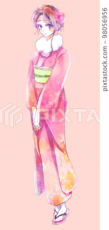 1 woman wearing a kimono, brown hair 98056956