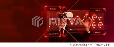 Man, employee wearing VR glasses and working on virtual holographic computer screen. Developing high security system Man, employee wearing VR glasses and working on virtual holographic computer screen. Developing high security system 98057110