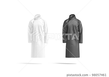 Blank black and white protective raincoat mockup, front view Blank black and white protective raincoat mockup, front view 98057461