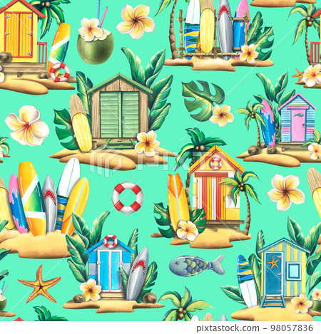 Surfboards, wooden beach houses, tropical plants and flowers. Watercolor illustration. Seamless pattern on a turquoise background from the SURFING collection. For fabric, wallpaper, design 98057836