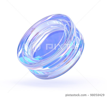 Glass iridescent figure, abstract geometric shape with holographic blue gradient texture 3d render. Crystal acrylic sculpture, clear round glossy object isolated on white background 98058429