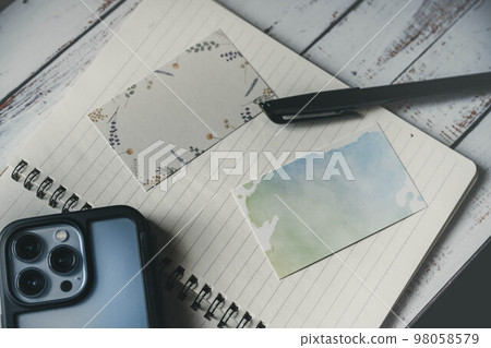 notebook, pen, card and smartphone notebook, pen, card and smartphone 98058579