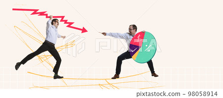 Contemporary art collage. Conceptual design. Two men, employees fighting with graphs symbolizing professional competition. Banner Contemporary art collage. Conceptual design. Two men, employees fighting with graphs symbolizing professional competition. Banner 98058914