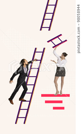 Contemporary art collage. Conceptual design. Man climbing upwards the stairs symbolizing competitive, hard way to professional growth 98058944