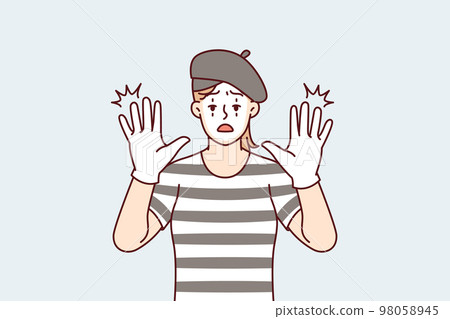 Woman clown with white face entertains people by acting as mime and touches screen. Vector image 98058945