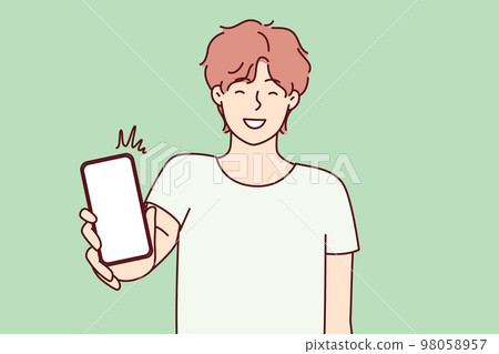 Happy man showing smartphone screen and smiling to recommend cool applications. Vector image 98058957