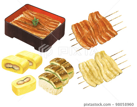 鰻魚菜餚插圖集:鰻魚、鰻魚飯、kabayaki、shirayaki、海膽卷、壽司 鰻魚菜餚插圖集:鰻魚、鰻魚飯、kabayaki、shirayaki、海膽卷、壽司 98058960