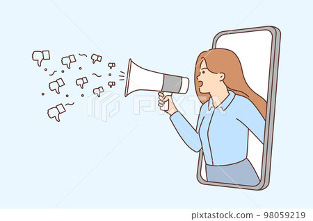 Mad woman shout in megaphone  98059219